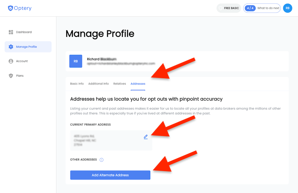 Manage Profile at Optery