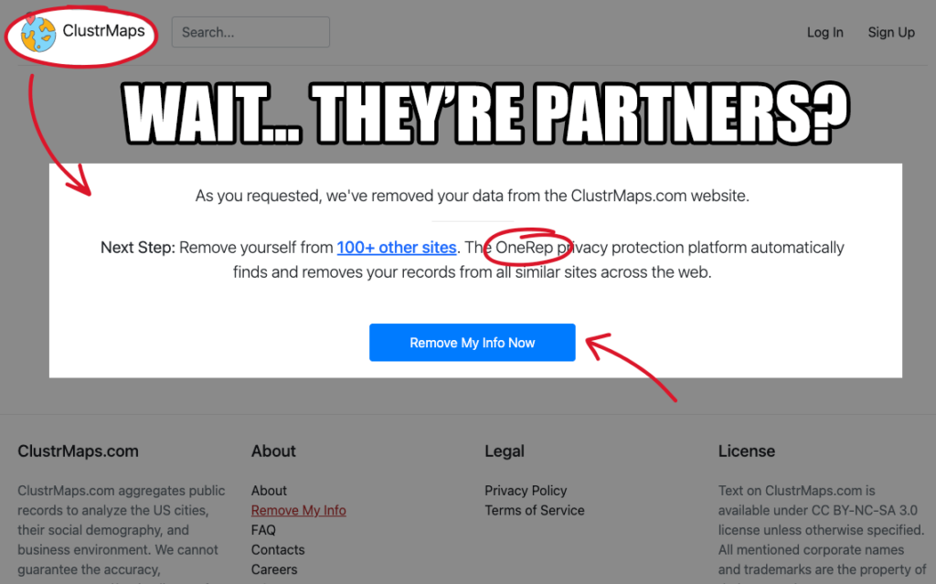 Screenshot of ClustrMaps (a data broker) that shows their affiliate partnership program with OneRep (a data broker removal service)