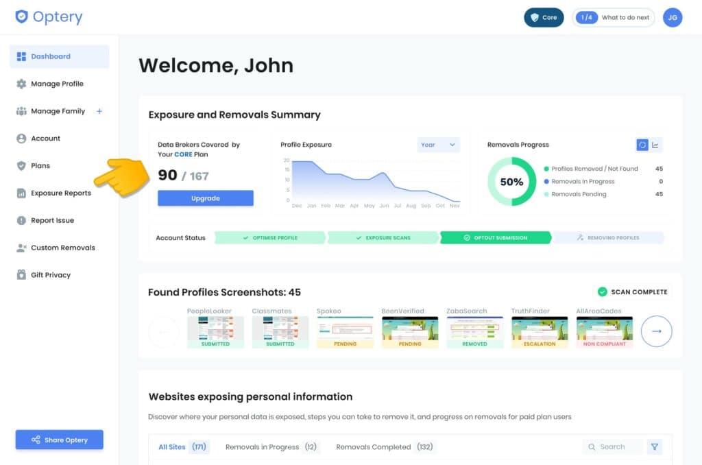 Optery Dashboard How to find Exposure Report Scan