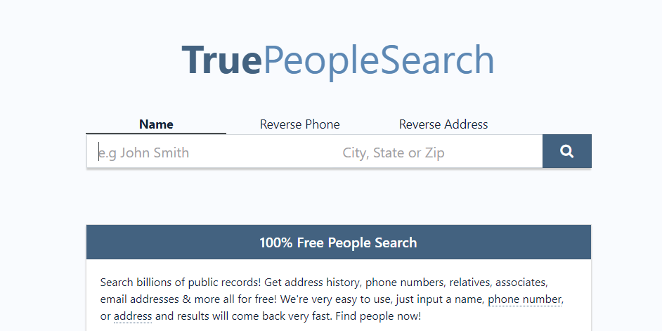 Screenshot of the data broker website True People Search aka truepeoplesearch.com