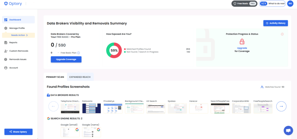 Optery Dashboard with 100+ Exposure Screenshots