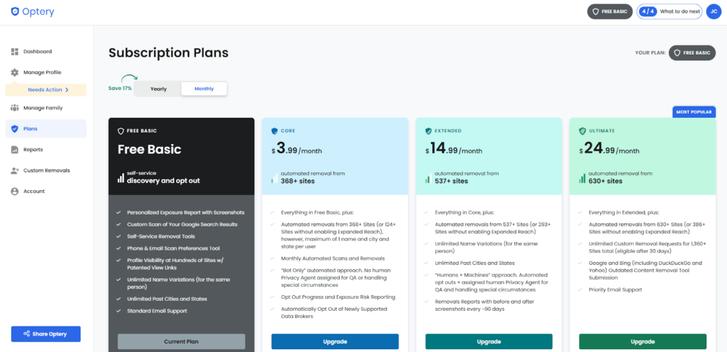 Optery Subscription Plan Options