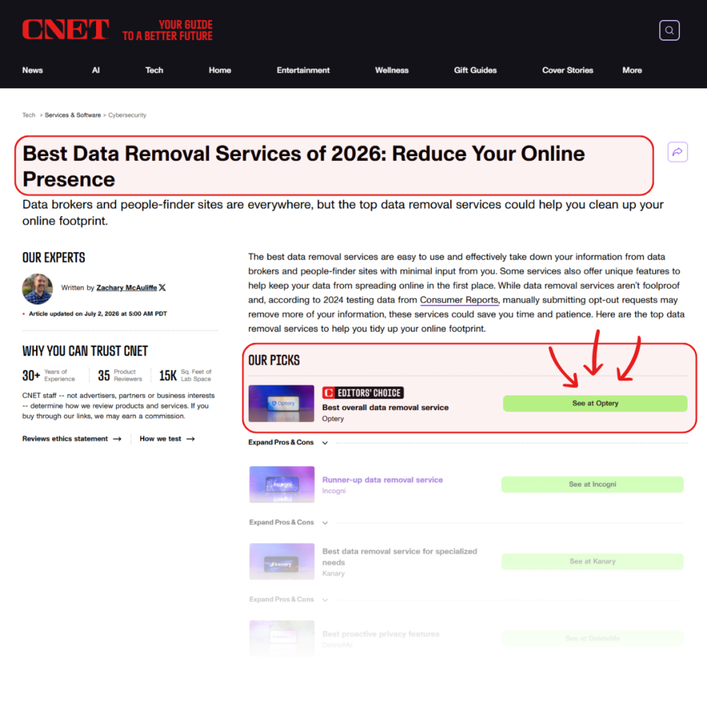 Optery is the CNET 2026 Editor's Choice